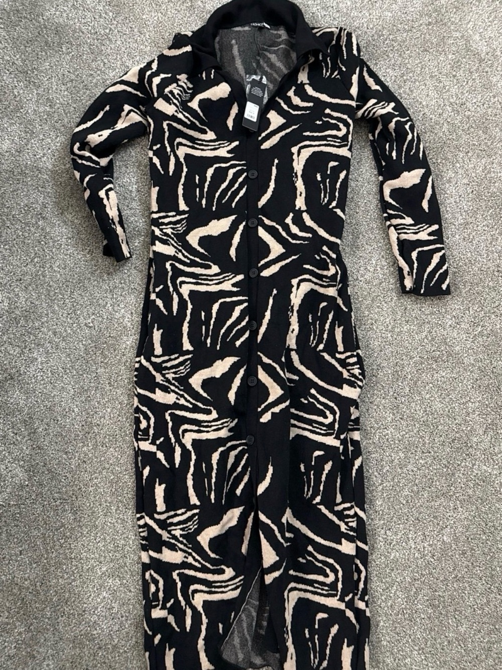 Fashion Nova Black and Cream Patterned Button-Mia Sweater Midi Dress